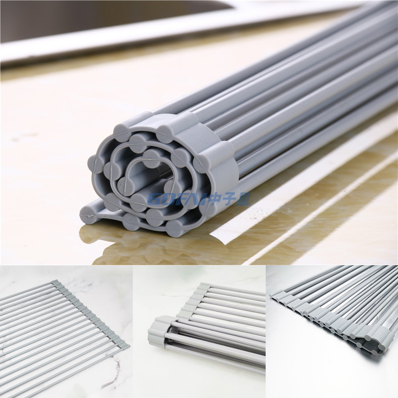 Silicone Roll Up Dish Drying Rack Foldable Stainless Steel Over Sink Kitchen Drainer Rack for Cups Fruits Vegetables