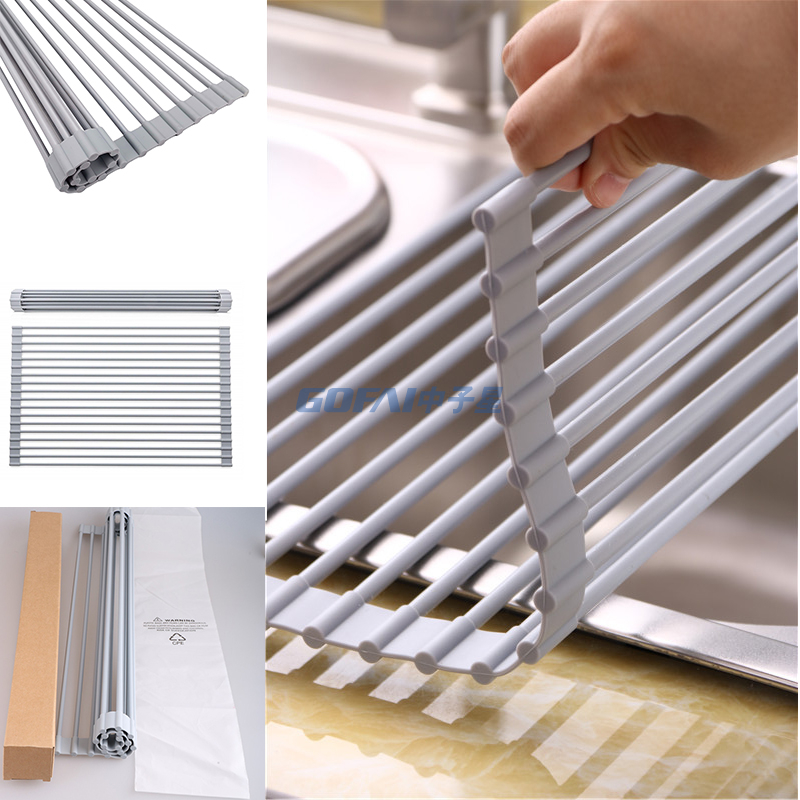 Silicone Roll Up Dish Drying Rack Foldable Stainless Steel Over Sink Kitchen Drainer Rack for Cups Fruits Vegetables