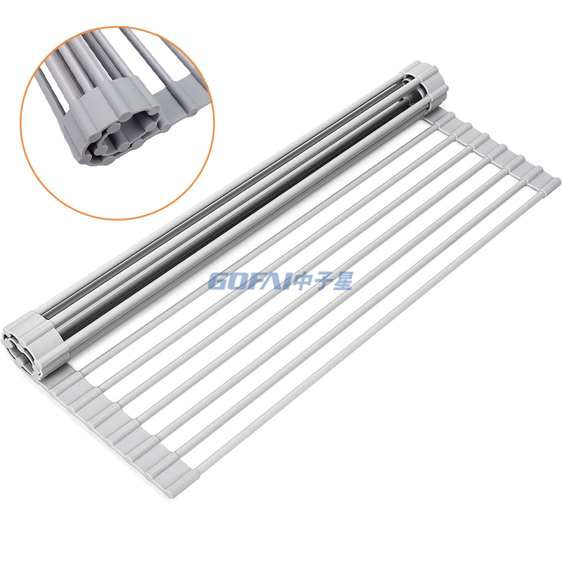 Silicone Roll Up Dish Drying Rack Foldable Stainless Steel Over Sink Kitchen Drainer Rack for Cups Fruits Vegetables