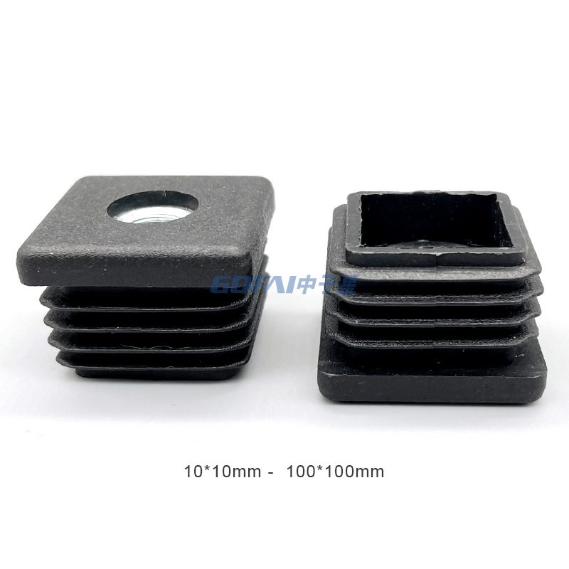 Square Tube Black Plastic Plug Caster Insert Chair End Caps Furniture Leg Plug with Thread Nut