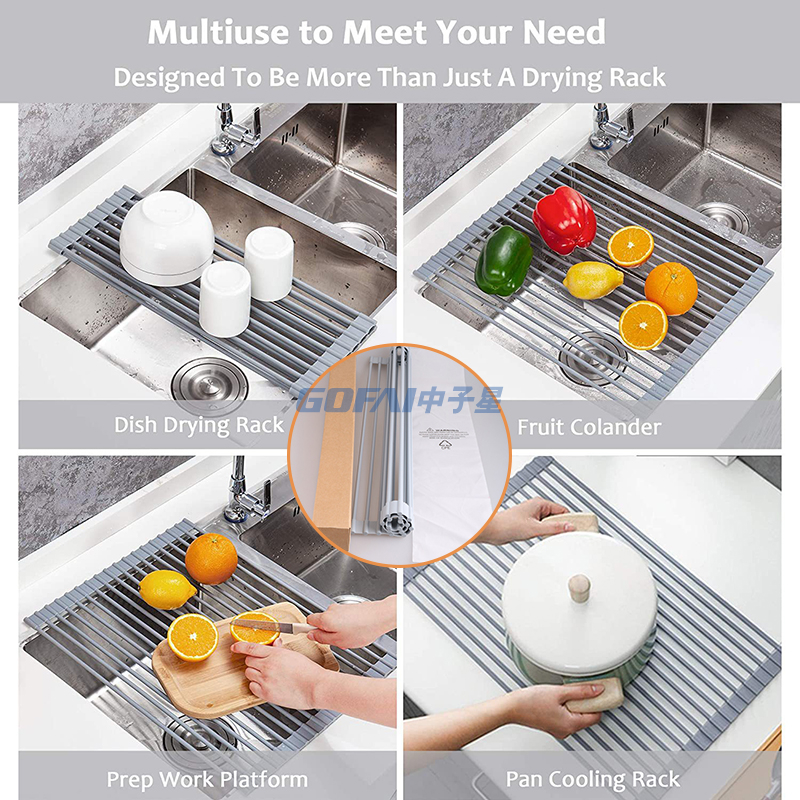 Silicone Roll Up Dish Drying Rack Foldable Stainless Steel Over Sink Kitchen Drainer Rack for Cups Fruits Vegetables