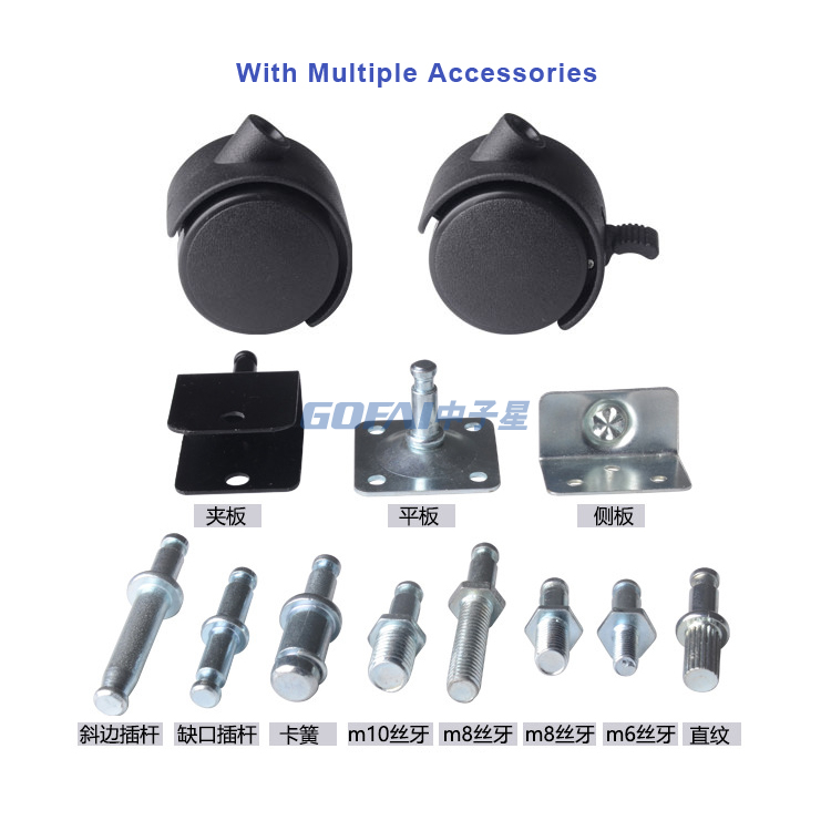 Furniture Office Chair Black Nylon Plastic Casters Wheels with Brakes Replacement Castors
