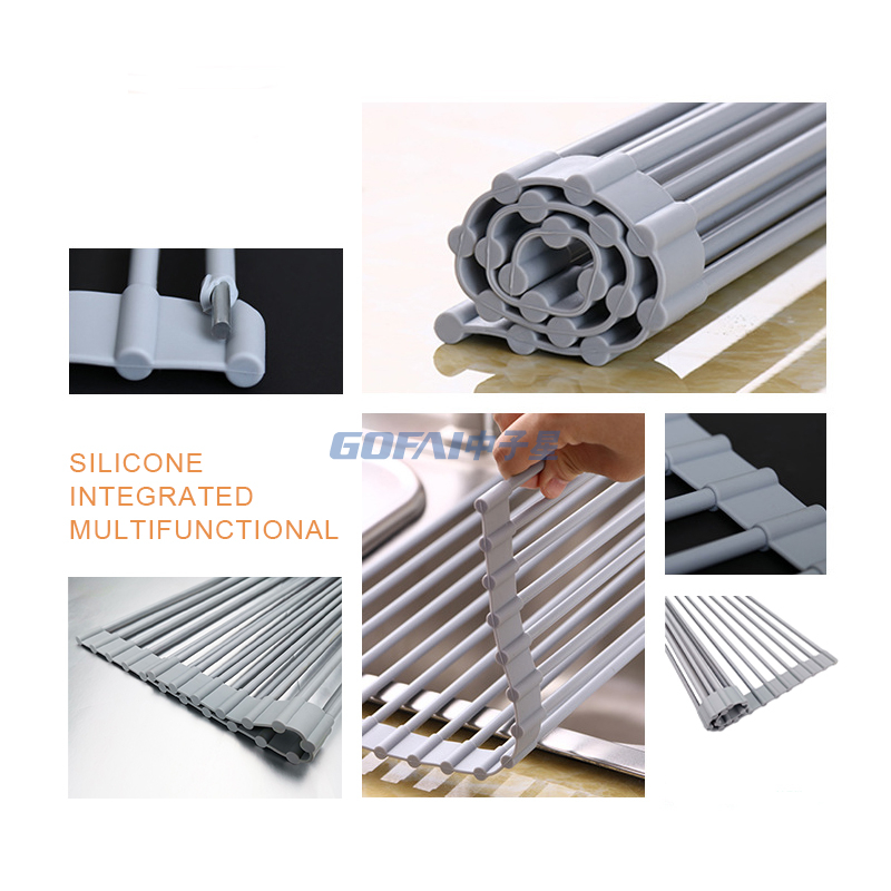 Silicone Roll Up Dish Drying Rack Foldable Stainless Steel Over Sink Kitchen Drainer Rack for Cups Fruits Vegetables