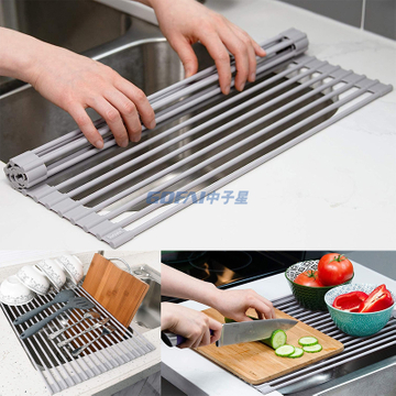 Silicone Roll Up Dish Drying Rack Foldable Stainless Steel Over Sink Kitchen Drainer Rack for Cups Fruits Vegetables